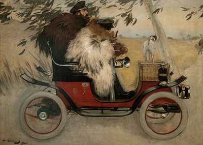 Ramon Casas en Pere Romeu in een auto door Ramón Casas