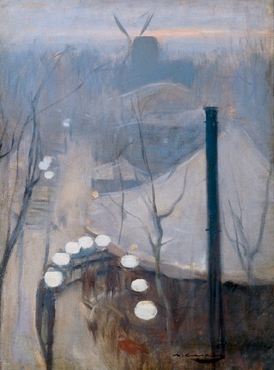 Uitzicht op de wijk Montmartre met een molen in Parijs door Ramon Casas i Carbo