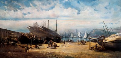 Barceloneta (centraal district van Barcelona). Schilderij door Ramon MARTI i ALSINA (1826-1894) door Ramón Martí Alsina