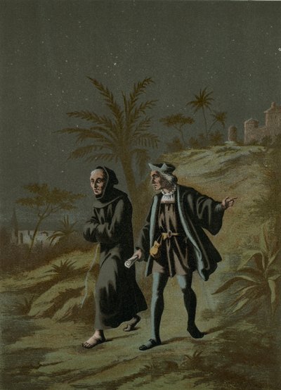 Columbus met de prior van La Rabida gaan naar Palos door Ramon Puiggari
