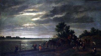 Een koets en paarden die een veerboot op de rivier de Lek in Nederland binnenrijden 