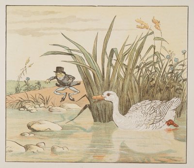 Een lelie-witte eend kwam en verslond hem, uit The Hey Diddle Diddle Picture Book, uitgegeven 1882 (kleurgravure) door Randolph Caldecott