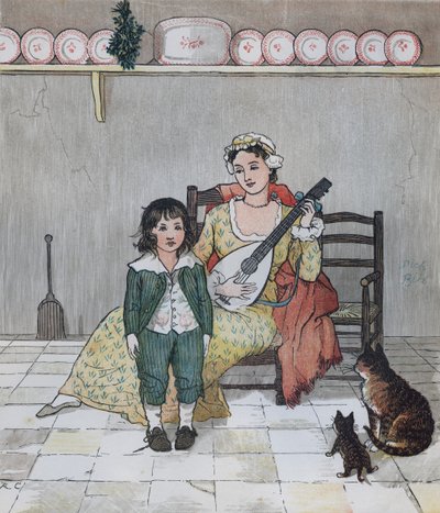 Een elegie over de dood van een dolle hond door Oliver Goldsmith. Meester Bill Primrose bereidt zich voor om het verhaal te zingen. Illustratie door Randolph Caldecott door Randolph Caldecott