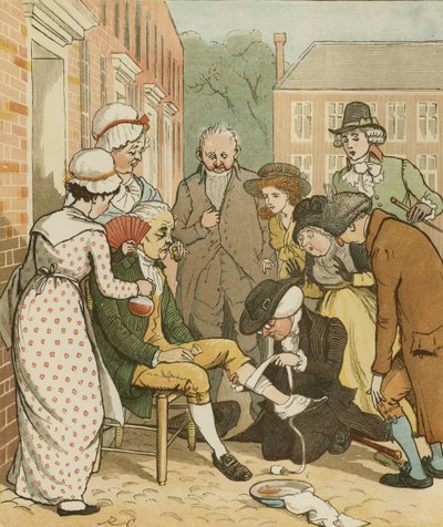 Een elegie op de dood van een dolle hond door Oliver Goldsmith. Buren verzorgen de beet van de goede man van Islington. Illustratie door Randolph Caldecott door Randolph Caldecott