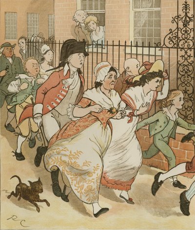 Een elegie op de dood van een dolle hond door Oliver Goldsmith. Buren haasten zich om de goede man van Islington te helpen. Illustratie door Randolph Caldecott door Randolph Caldecott