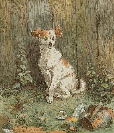 Een elegie over de dood van een dolle hond door Oliver Goldsmith. Zwerfhond bevriend door goede man van Islington. Illustratie door Randolph Caldecott door Randolph Caldecott