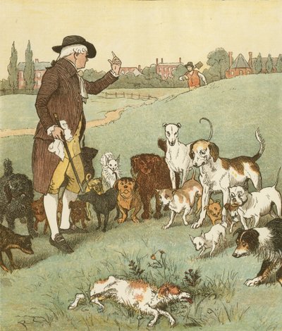 Een elegie op de dood van een gekke hond door Oliver Goldsmith. De hond was degene die stierf. Illustratie door Randolph Caldecott. door Randolph Caldecott