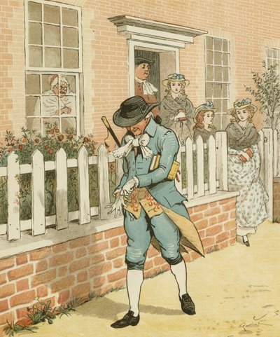 Een elegie over de dood van een dolle hond door Oliver Goldsmith. De goede man van Islington op weg naar de kerk. Illustratie door Randolph Caldecott door Randolph Caldecott
