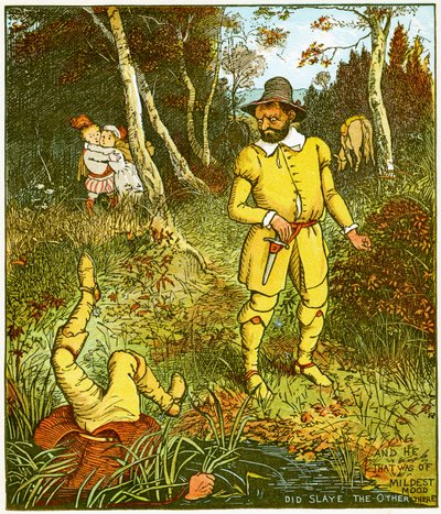 En hij die het mildst van aard was, doodde de ander daar (illustratie uit Babes in the Wood) door Randolph Caldecott