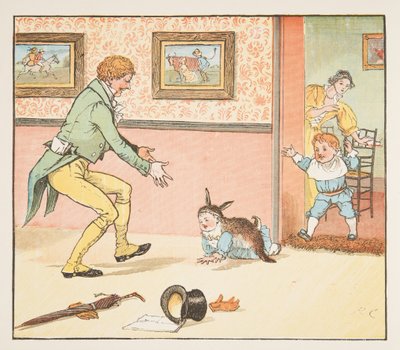 Baby Bunting gewikkeld in het konijnenvel, uit The Hey Diddle Diddle Picture Book, pub.1882 door Randolph Caldecott