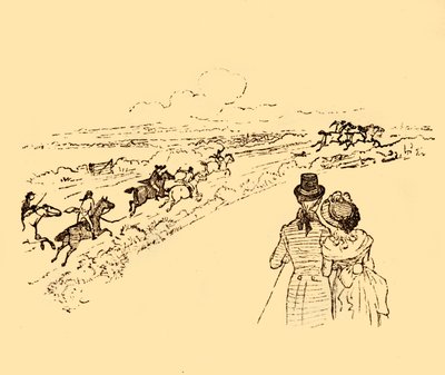 Toeschouwers kijken toe terwijl John Gilpin door het platteland wordt achtervolgd, 1878 door Randolph Caldecott