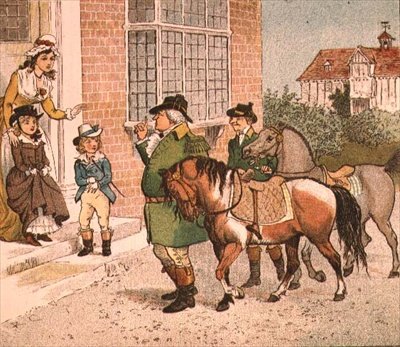 Illustratie uit Ride-a-cock-horse to Banbury Cross (Paarden naar de kinderen brengen) door Randolph Caldecott