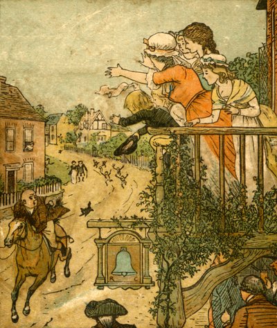 John Gilpin galoppeert langs de Bell Inn terwijl zijn vrouw en kinderen zwaaien vanaf het balkon, 1878, ca. 1918 door Randolph Caldecott
