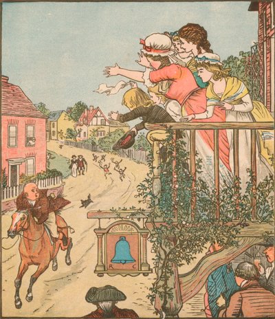 John Gilpin galoppeert langs de Bell Inn terwijl zijn vrouw en kinderen vanaf het balkon zwaaien, 1878, c1918 door Randolph Caldecott