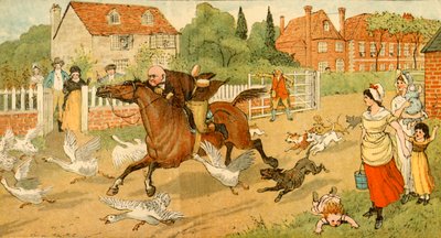 John Gilpin galoppeert door een dorp, 1878, ca. 1918 door Randolph Caldecott