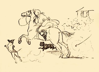 John Gilpin wordt achtervolgd door honden terwijl zijn paard op hol slaat, 1878, ca. 1918 door Randolph Caldecott