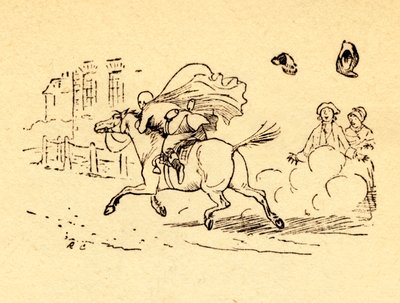 Het paard van John Gilpin slaat op hol, en zijn hoed en pruik waaien af door Randolph Caldecott