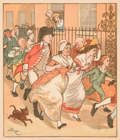 Buren haasten zich om de goede man van Islington te helpen, ca. 1879 door Randolph Caldecott