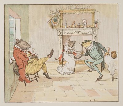 "Bid, meneer Kikker, wilt u ons een liedje geven?", uit The Hey Diddle Diddle Picture Book, pub.1882 door Randolph Caldecott
