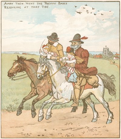 De kinderen in het bos. Weeskinderen meegenomen om vermoord te worden door schurken ingehuurd door een slechte oom. Illustratie door Randolph Caldecott voor de ballade van ca. 1600. door Randolph Caldecott