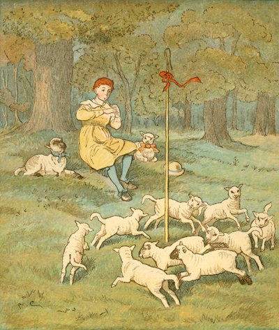 De boerenjongen speelt op zijn fluit terwijl de lammetjes rond zijn herdersstaf dansen, ca. 1881 door Randolph Caldecott