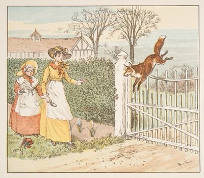 De vos springt over de poort van de dominee, uit Het Hey Diddle Diddle Prentenboek, uitgegeven 1882 door Randolph Caldecott