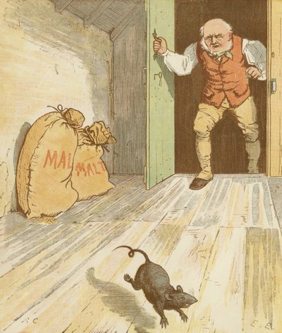 Het huis dat Jack bouwde, cumulatieve kinderrijm. De rat die het mout at. Illustratie door Randolph Caldecott. door Randolph Caldecott