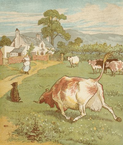 Het huis dat Jack bouwde, cumulatieve kinderrijm. Dit is de koe met de verfrommelde hoorn die de hond gooide... Illustratie door Randolph Caldecott. door Randolph Caldecott