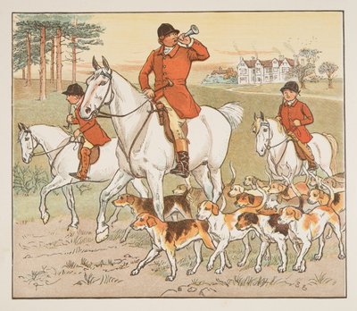 De jager blaast op zijn hoorn, uit The Hey Diddle Diddle Picture Book, pub.1882 door Randolph Caldecott