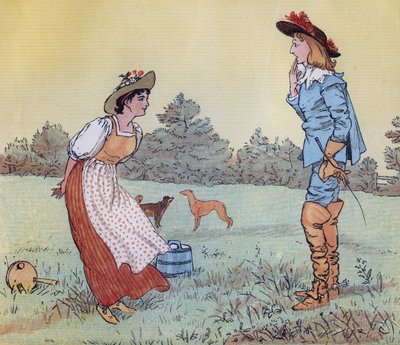 Dan kan ik niet met je trouwen, mijn mooie meid! Illustratie door Randolph Caldecott voor het kinderrijmpje De melkmeid door Randolph Caldecott
