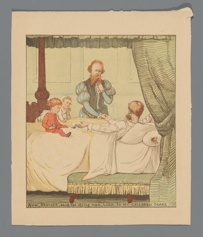 Zwei Kinder und ein Mann an einem Krankenbett door Randolph Caldecott