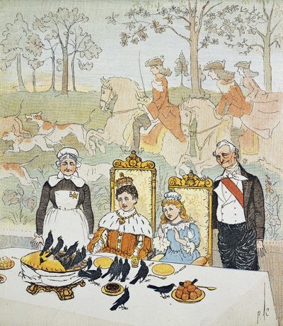 Een koning en een koningin aan tafel omringd door bedienden, achter hen een jachtscène door Randolph Caldecott
