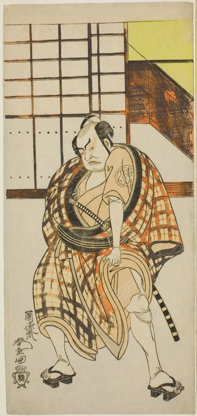 De acteur Nakamura Sukegoro II als Sasano Sangobei in deel twee van het stuk Iro Moyo Aoyagi Soga (Groene Wilg Soga van Erotisch Ontwerp), opgevoerd in het Nakamura Theater in de tweede maand, 1775 door Rantokusai Shundo