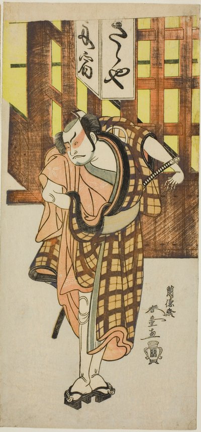 De acteur Otani Hiroji III als Satsuma Gengobei in deel twee van het stuk Iro Moyo Aoyagi Soga, uitgevoerd in het Nakamura Theater in de tweede maand, 1775 door Rantokusai Shundo
