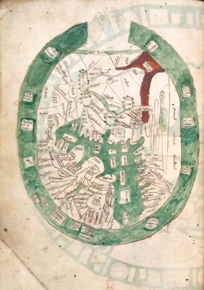 Wereldkaart, f.2v uit Polychronicon door Ranulf Higden
