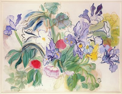 Boeket van irissen en rode klaprozen, c.1948 (aquarel op papier) door Raoul Dufy
