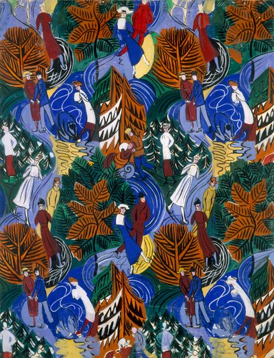 Schaatsers, ontwerp voor bedrukte zijde, ca. 1914-20 (kleurenlitho) door Raoul Dufy