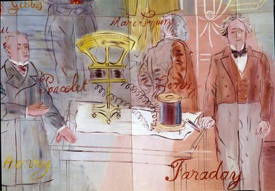 La Fee Electricite, detail: Portretten van Jean Victor Poncelet, Marc Seguin, Michael Faraday. 1937 (schilderij) door Raoul Dufy