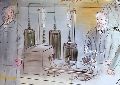 La Fee Electricite, detail: Portretten van Wilhelm Conrad Rontgen (1845-1923), Duits natuurkundige.1937 (schilderij) door Raoul Dufy