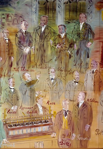 La Fee Electricite, detail: Portretten van verschillende intellectuelen en wetenschappers: Jules Francois Joubert, Elihu Thomson, Ernst Werner Siemens, Charles Proteus Steinmetz, Marcel Deprez, Gaston Plante, Gabriel Lippmann, John Kerr, Maurice Leblanc, H door Raoul Dufy