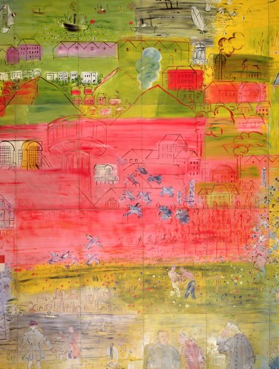La Fee Electricite, detail van de rechterkant met een haven en fabrieken door Raoul Dufy