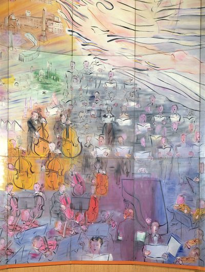 La Fee Electricite, detail van de linkerkant waarop een orkest staat afgebeeld door Raoul Dufy