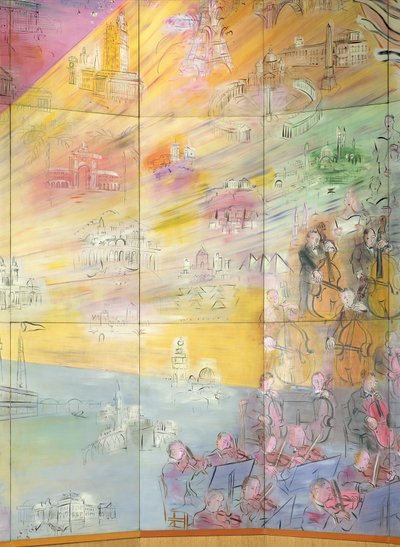 La Fee Electricite, detail van de linkerkant waarop een orkest staat afgebeeld door Raoul Dufy