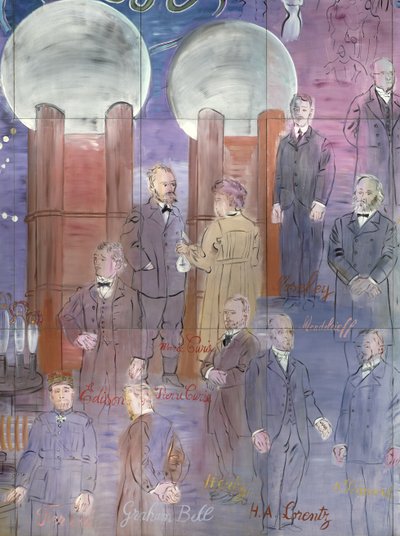 La Fee Electricite, detail van de linkerkant waarop wetenschappers staan afgebeeld door Raoul Dufy