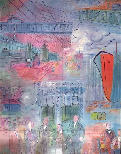 La Fee Electricite, detail van de linkerkant waarop de ijzer- en staalindustrie is afgebeeld door Raoul Dufy