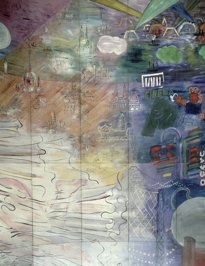 La Fee Electricite, detail van de linkerkant waarop verschillende steden staan afgebeeld door Raoul Dufy