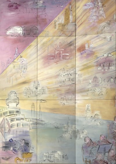 La Fee Electricite, detail van de linkerkant waarop verschillende steden staan afgebeeld door Raoul Dufy