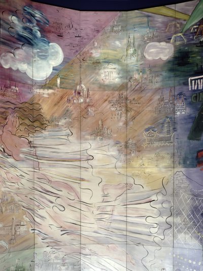 La Fee Electricite, detail van de linkerkant waarop verschillende steden staan afgebeeld door Raoul Dufy