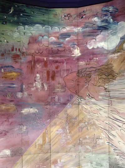 La Fee Electricite, detail van de linkerkant waarop verschillende steden staan afgebeeld door Raoul Dufy