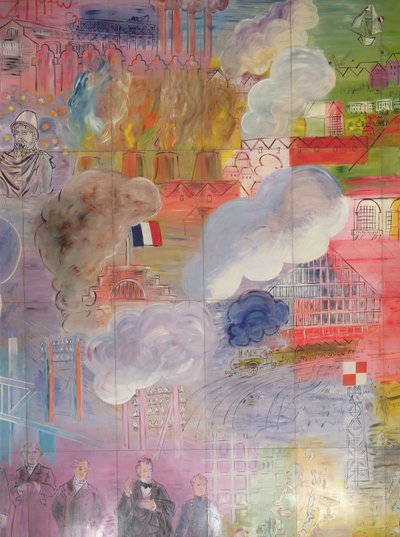 La Fee Electricite, detail van de rechterkant met een station en fabrieksschoorstenen door Raoul Dufy
